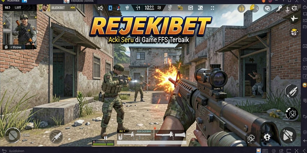 Screenshot menampilkan aksi seru dalam permainan FPS REJEKIBET.