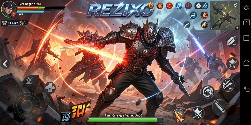 Tampak seru dari gameplay REZIXO dengan aksi pertarungan yang intens.