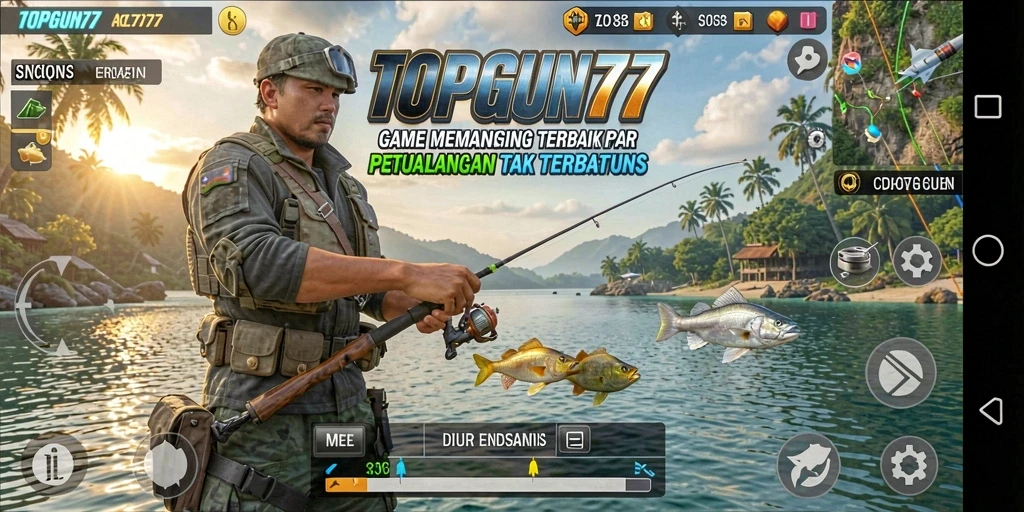Screenshot main gameplay menunjukkan aksi seru memancing di TOPGUN77.